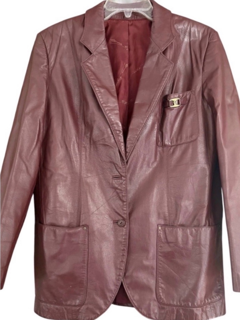 Vintage Etienne Agner Women's Size 16 Dark Red Leather Blazer Jacket Trench Coat